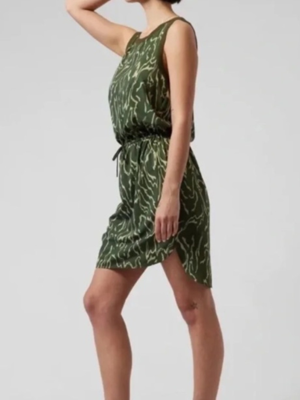 Athleta Olive Green Patterned Sleeveless Midi Dress